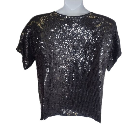 VINTAGE 80s top silk black beaded sequin floral short sleeve elegant XL - Picture 2 of 7